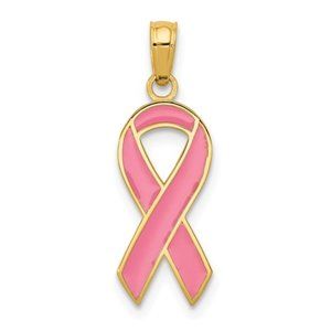 14k Yellow Gold with Pink Enamel Breast Cancer Ribbon Charm Necklace Pendant